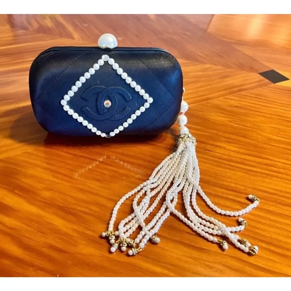 Chanel Vintage Women's Evening Purse Satin/Leather Pearl Embellished A+